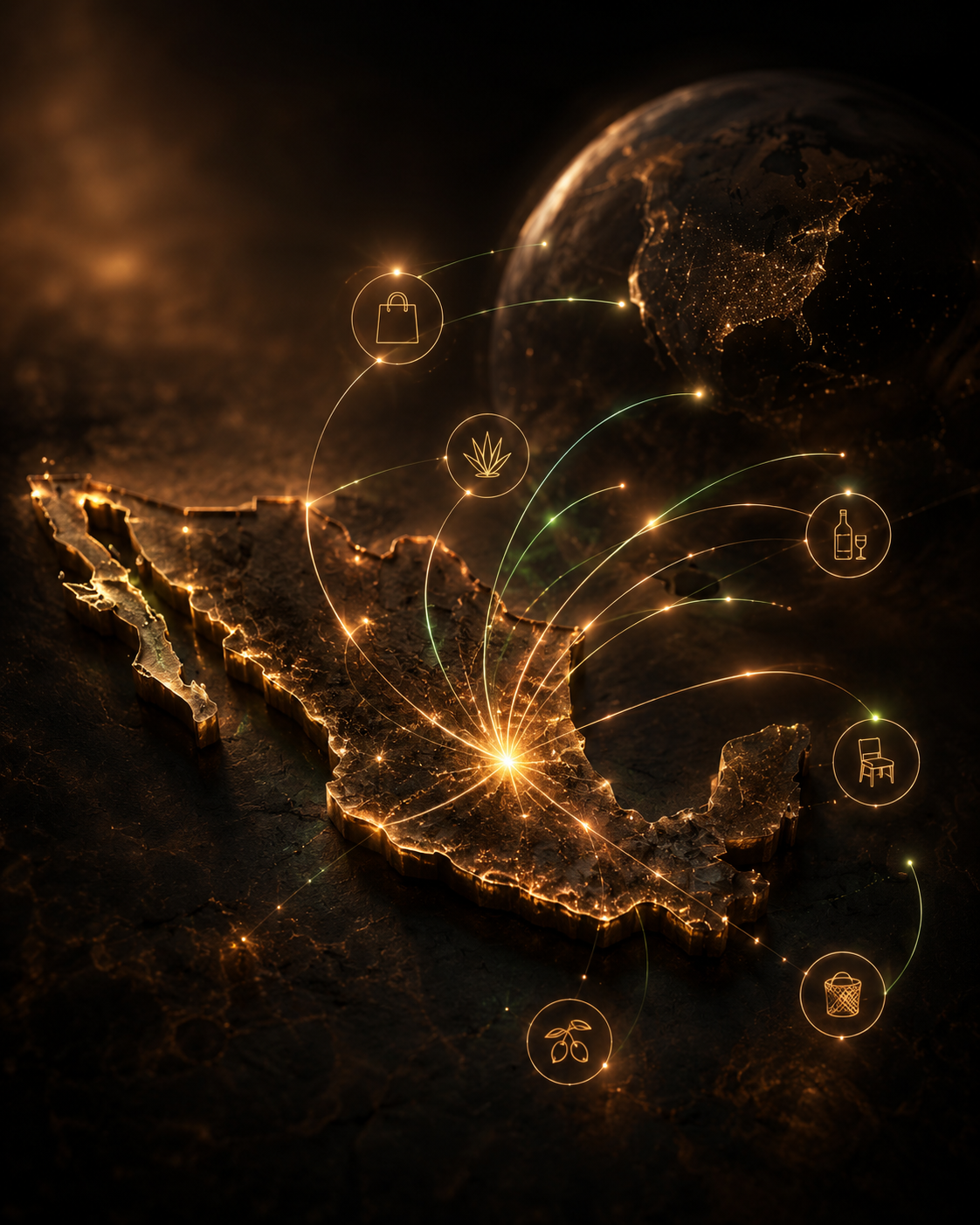 Mapa de Mexico conectado con oportunidades comerciales
